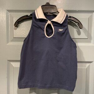 Rare circa 80s navy Speedo top w/white collar, 36C, never worn